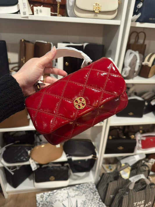Tory Burch Willa Mini Top Handle Bag in a quilted, glossy patent leather